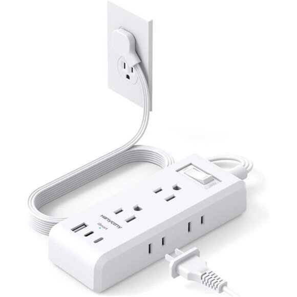 Flat Plug Power Strip, Ultra Thin Extension Cord, 6 Outlets 3 USB Ports(2 USB C) - Picture 1 of 8